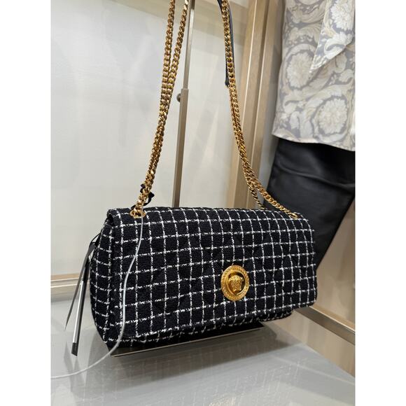 Versace black white tweet fabric leather flap bag - Picture 3 of 8